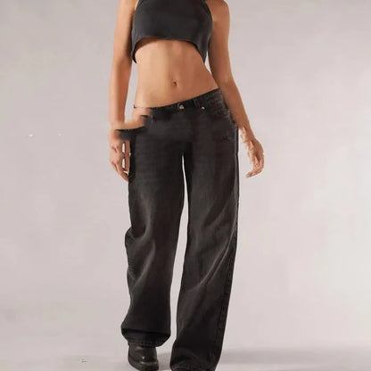 Women's blue cotton loose straight wide leg mop trousers with low waist
