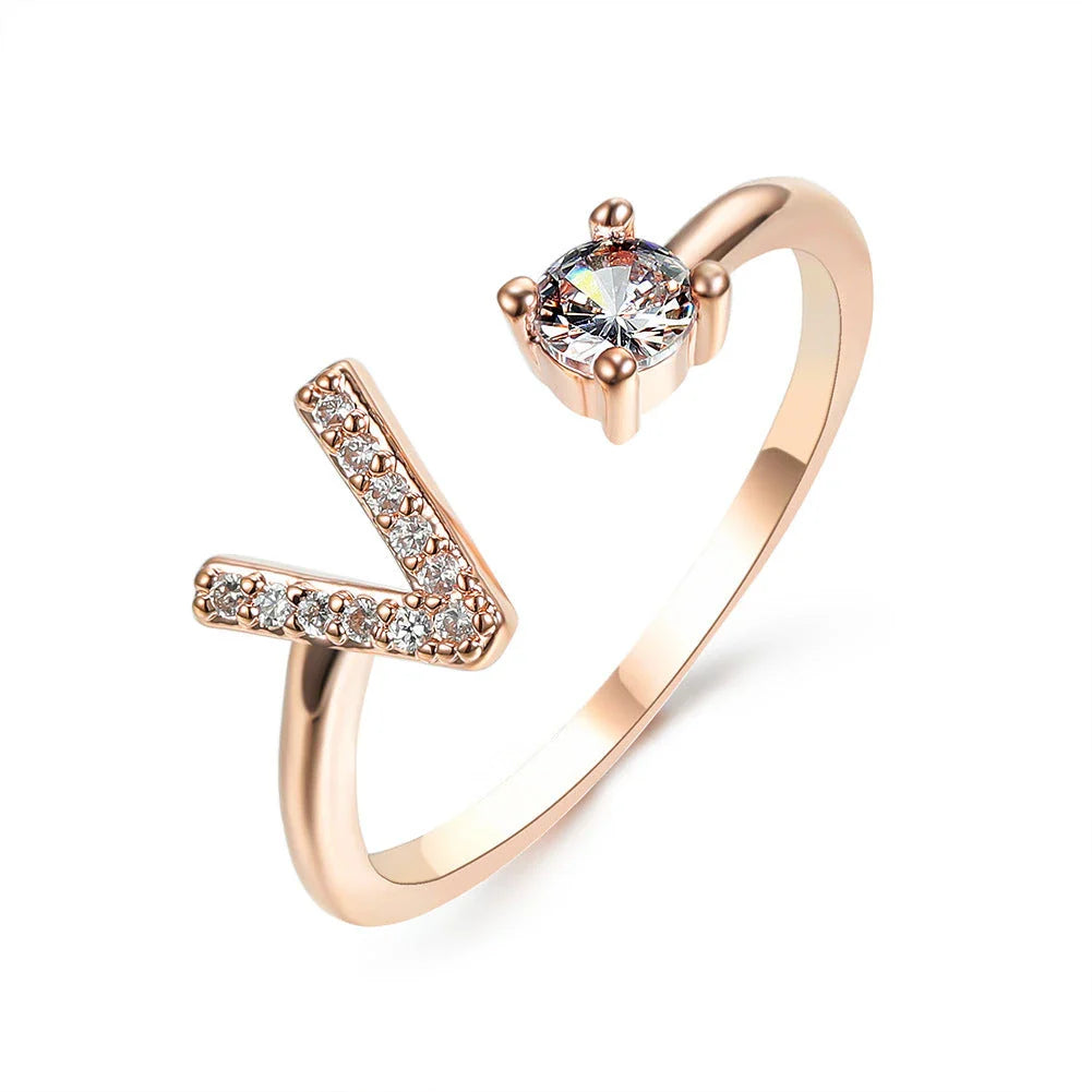 Personalized Initial Letter Adjustable Ring made of copper alloy and zircon, showcasing a vintage-inspired design