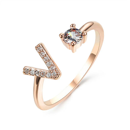 Personalized Initial Letter Adjustable Ring made of copper alloy and zircon, showcasing a vintage-inspired design