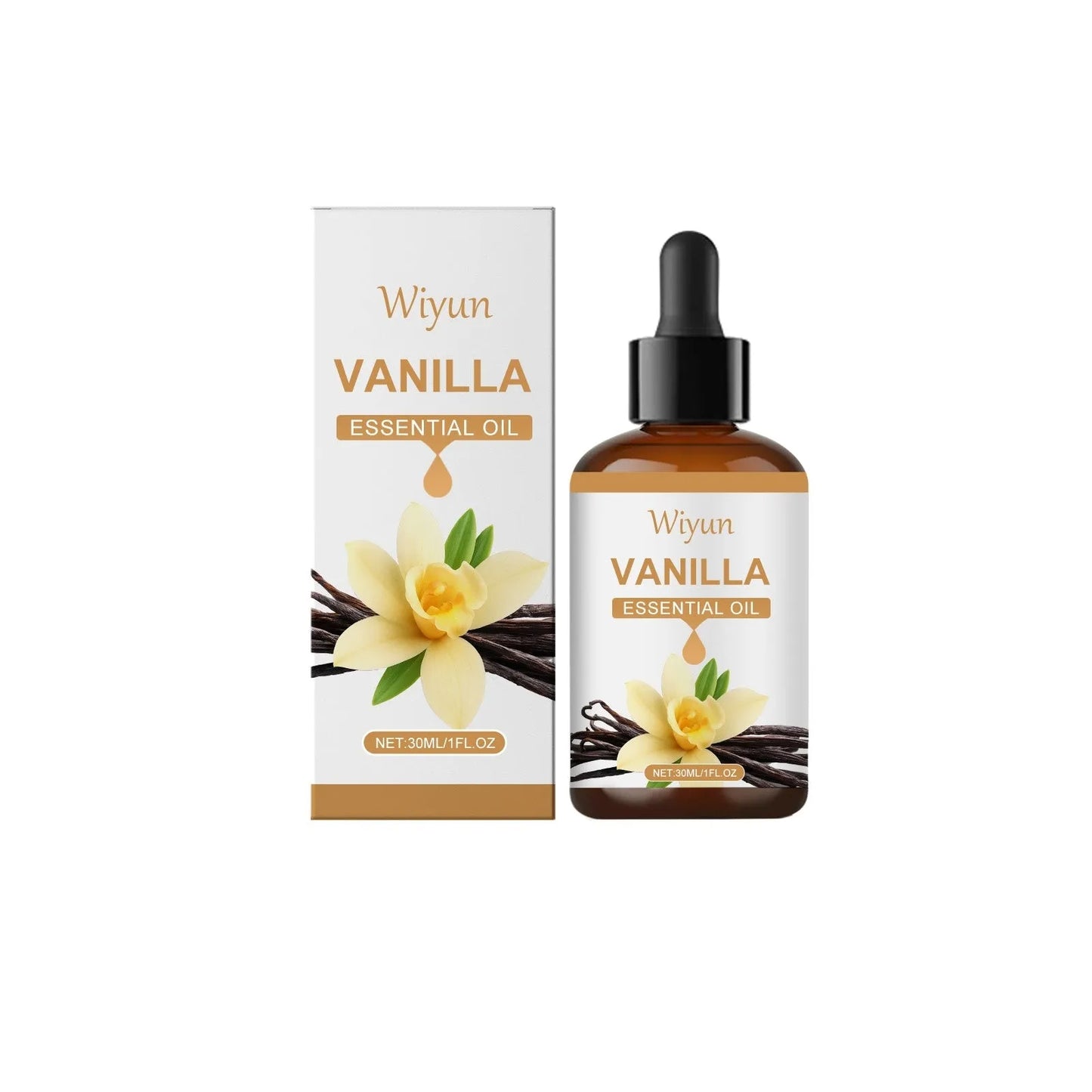 30ml bottle of vanilla flavoured oil with natural ingredients for cooking and aromatherapy