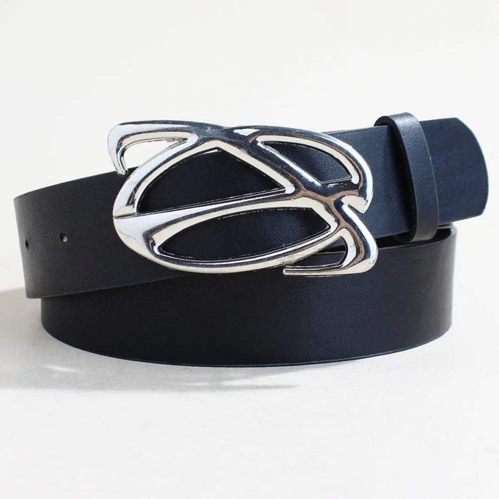 Silver alloy buckle snap-fastening on a 3.3cm wide brown PU leather casual belt