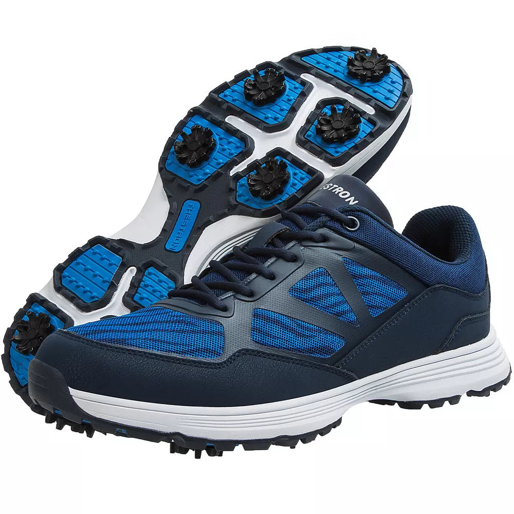 Men's waterproof golf shoes with nails for enhanced grip, available in black, blue, gray, and dark gray.