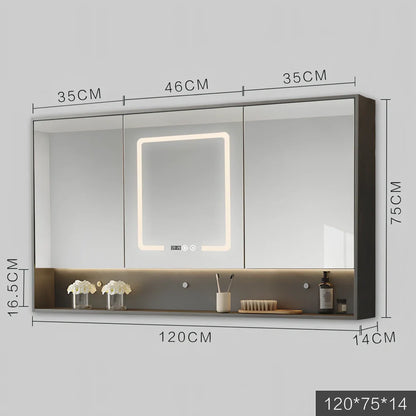 Wall-mounted bathroom mirror cabinet with LED lights and anti-fog technology in solid wood construction