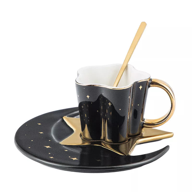 Ceramic cup set with star and moon saucer, 120ML capacity, porcelain material