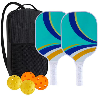 Peak Racket fibreglass squash set showing two rackets and four balls for complete playing equipment