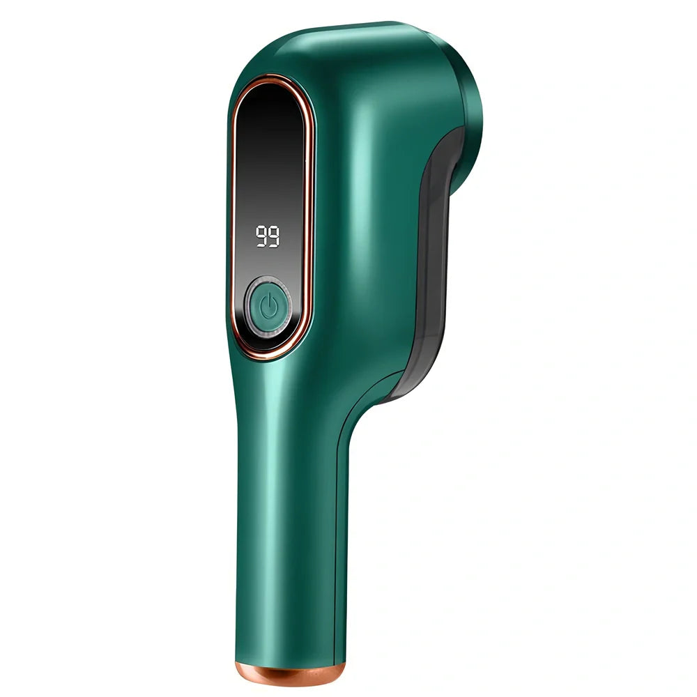 Rechargeable green lint trimmer removing fabric balls from wool jumper, digital display showing speed, 15 cm size with spare blades