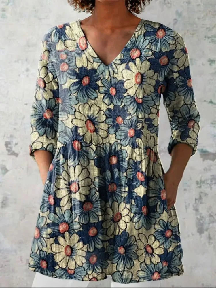 Women's retro slim fit long-sleeved top with digital printed pattern in various colours, showing front view