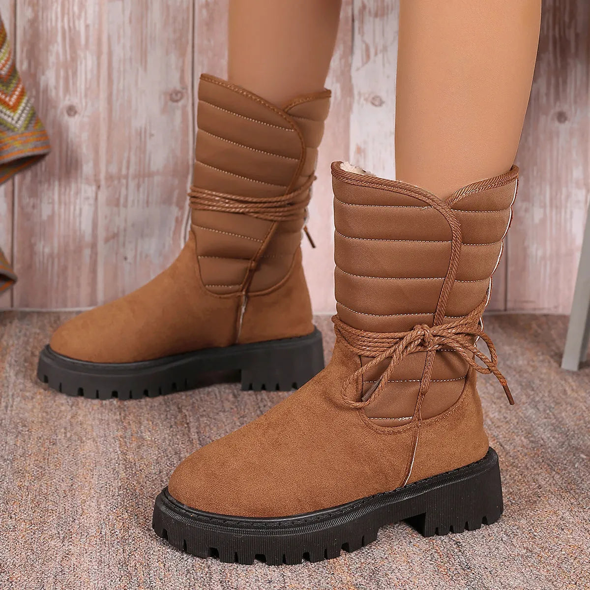 Women's black suede chunky heel snow boots with lace-up design and fleece lining, size 38 displayed