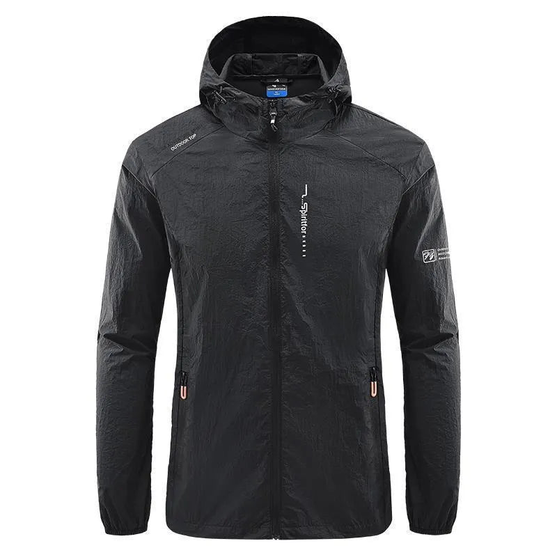 Light grey men's hooded nylon summer jacket on a hanger, loose fit.