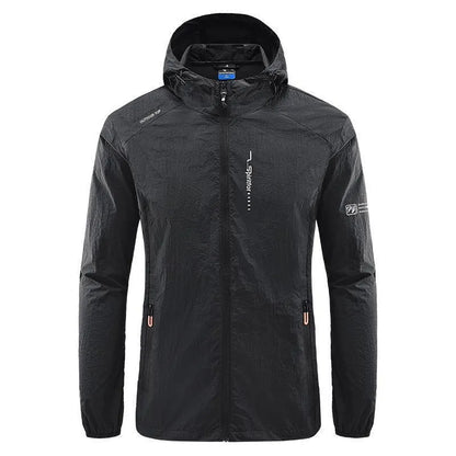 Light grey men's hooded nylon summer jacket on a hanger, loose fit.