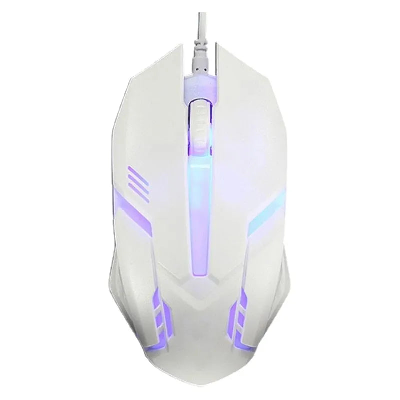 Wired computer mouse with luminous glow in black or white, showing USB cable and three buttons