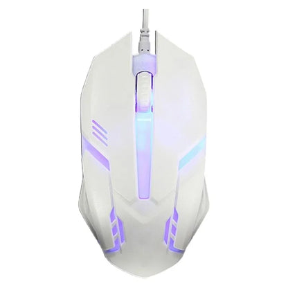 Wired computer mouse with luminous glow in black or white, showing USB cable and three buttons