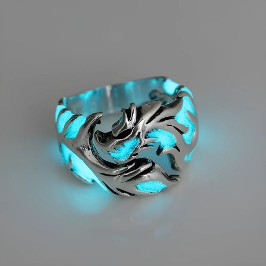 Adjustable Chinese style metal ring with a luminous dragon pattern in antique blue and green.