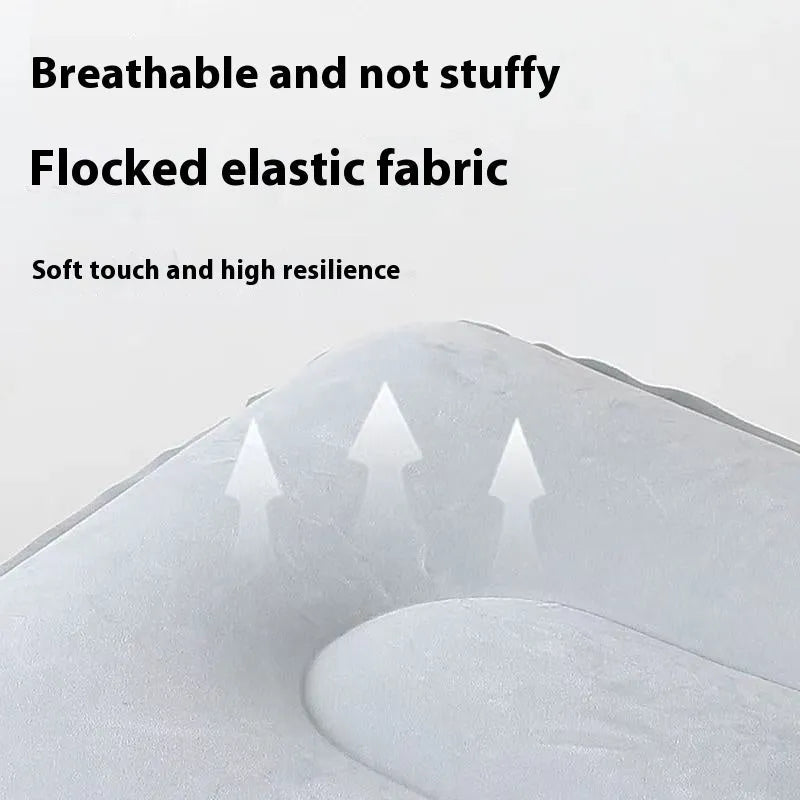 Blue press inflatable seat cushion showing flocked texture, deflated and folded next to an inflated state.
