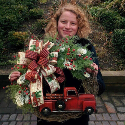 Red truck wooden Christmas garland with pumpkin accents for festive holiday decor