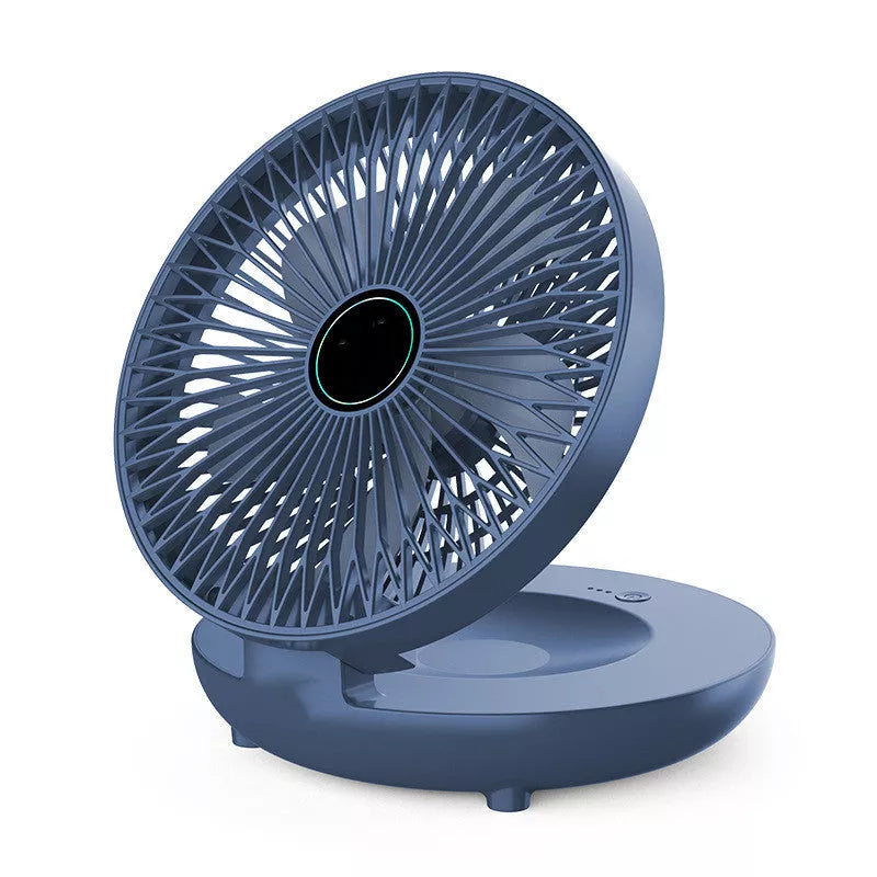 Compact folding wall-mounted fan in white or blue with USB power option