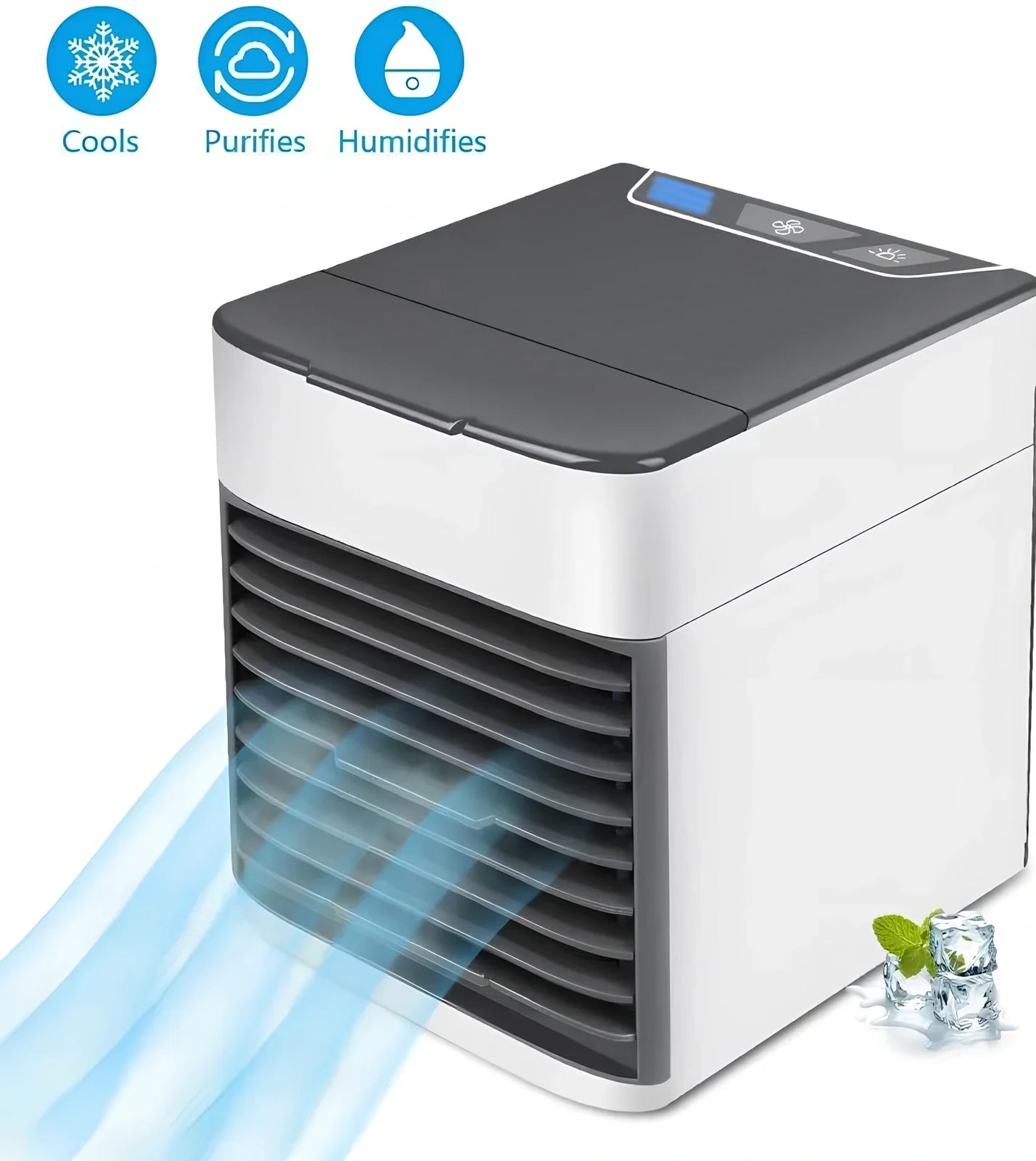 Desktop air conditioner fan with USB cable and water tank showing 7-colour LED lighting and mechanical control dial