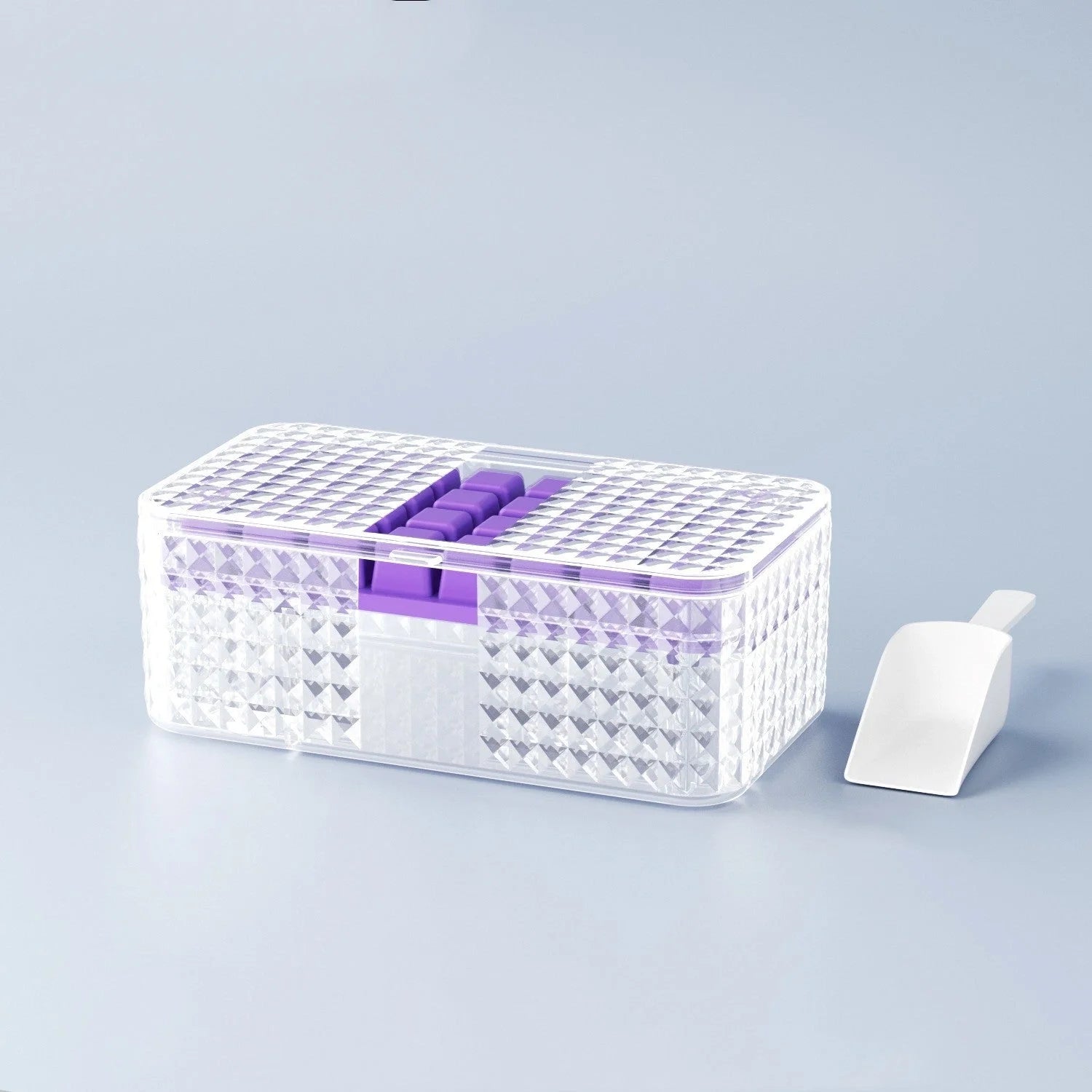 Large silicone square ice mold with lid for easy ice cube removal, available in green and purple