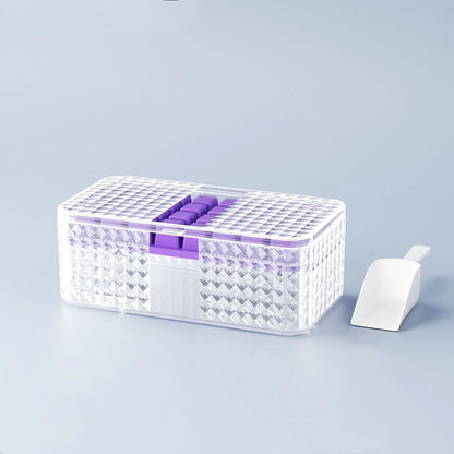 Large silicone square ice mold with lid for easy ice cube removal, available in green and purple