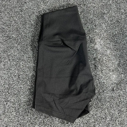 High-waisted yoga shorts in nylon fabric for moisture-wicking during sports, available in multiple colours and sizes.