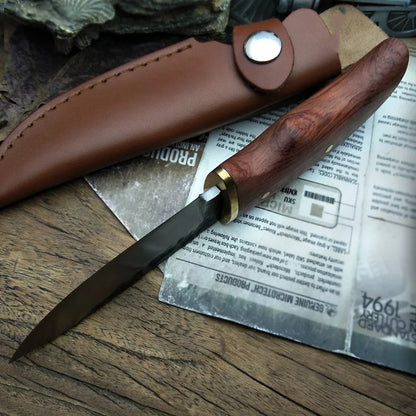 Outdoor survival knife with 8cm stainless steel blade and mahogany handle