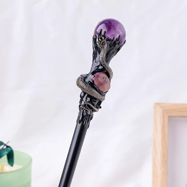 Natural crystal ball magic wand with wooden handle showing labradorite, obsidian, white crystal, or amethyst options