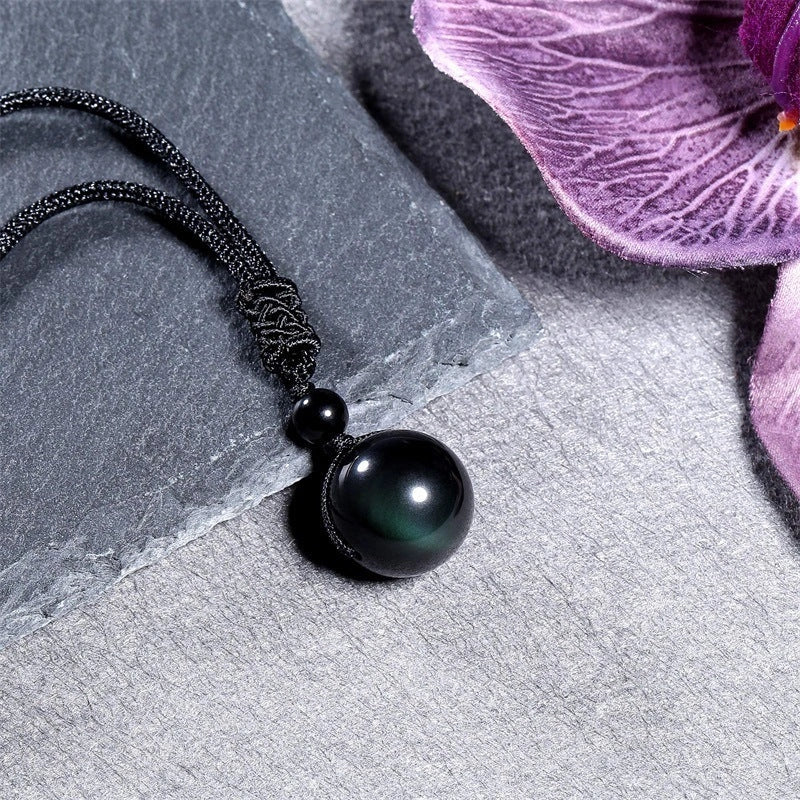16mm natural obsidian pendant amethyst necklace with adjustable length and geometric design