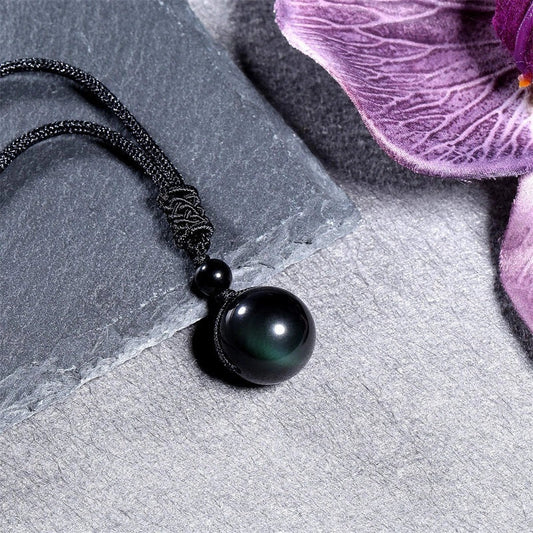 16mm natural obsidian pendant amethyst necklace with adjustable length and geometric design