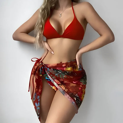 Women's three-piece swimsuit set with chest pad, panties, and yarn skirt in polyester fabric