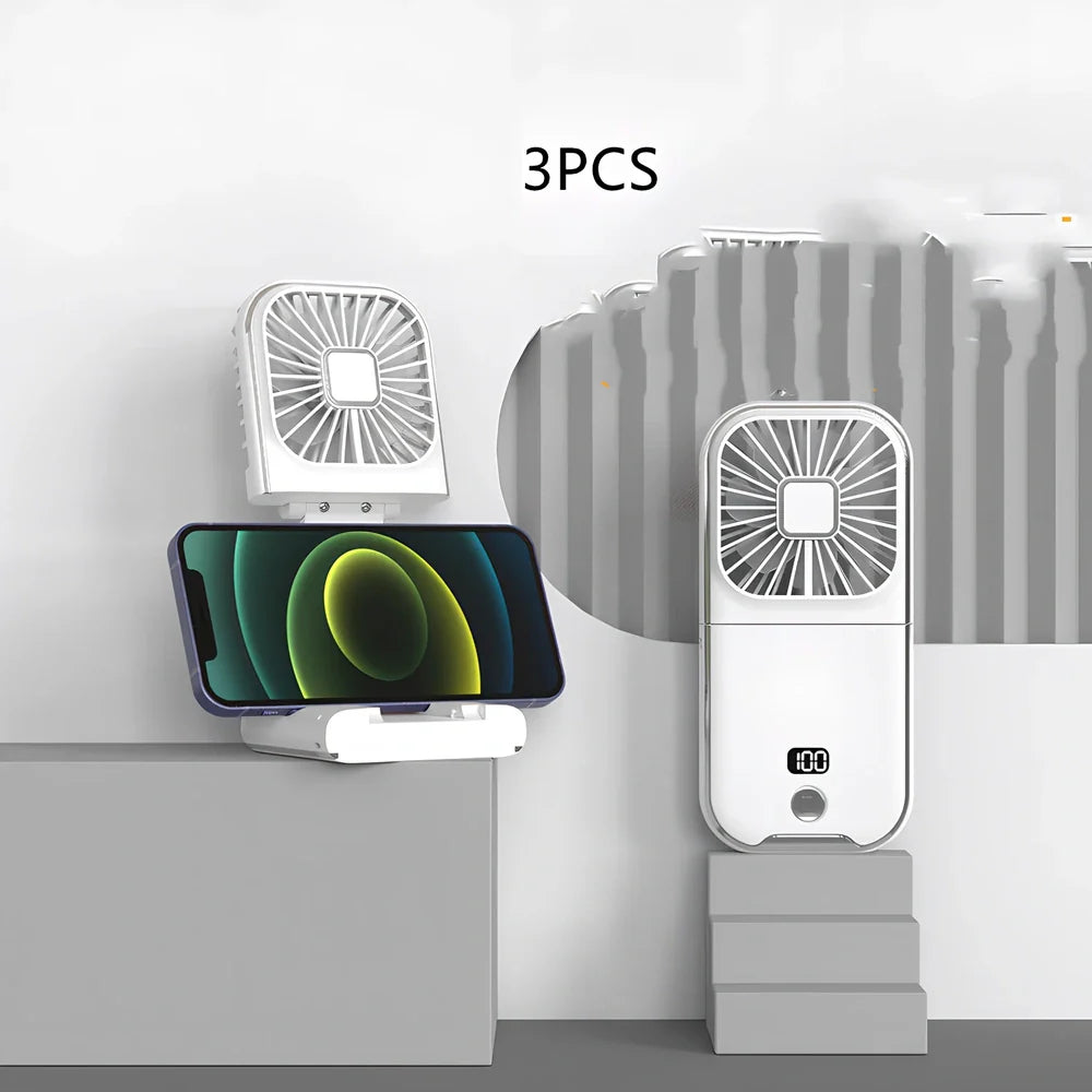 F30Pro folding portable handheld fan in white with digital display, 169x81x20mm size, USB charging, plastic blades for cooling