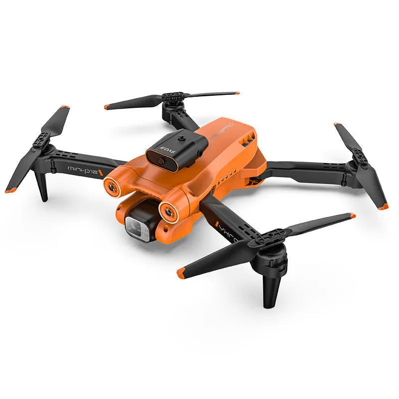 Black P12 folding drone with four propellers, showing its compact size and front-facing HD camera.