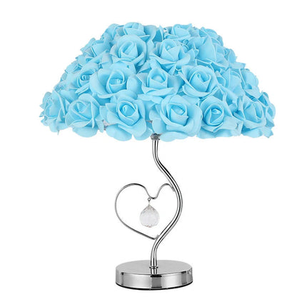 Rose heart-shaped table lamp with metal base in blue colour, measuring 44cm tall