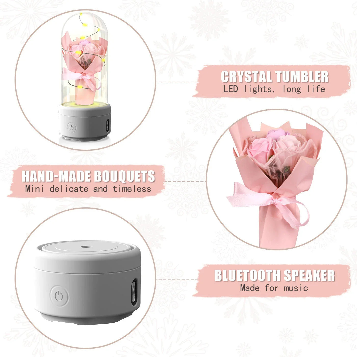 Luminous rose-shaped ornament with Bluetooth speaker and LED light in various color options