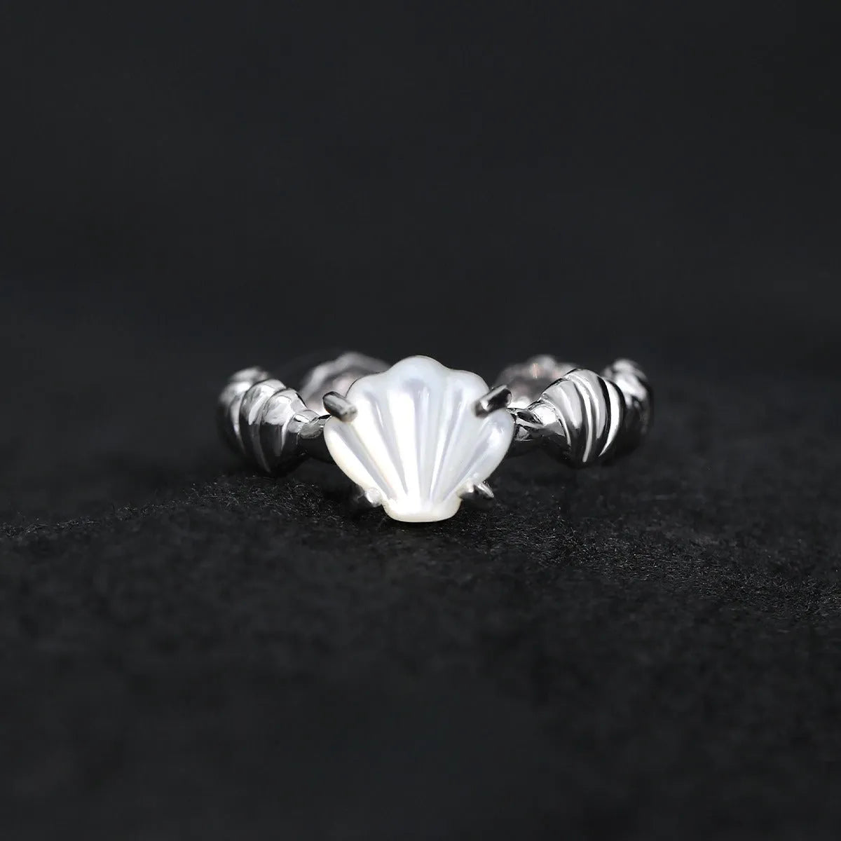 Adjustable silver women's ring with shell and tiger eye stone accents in electroplated 18K gold or white gold finish