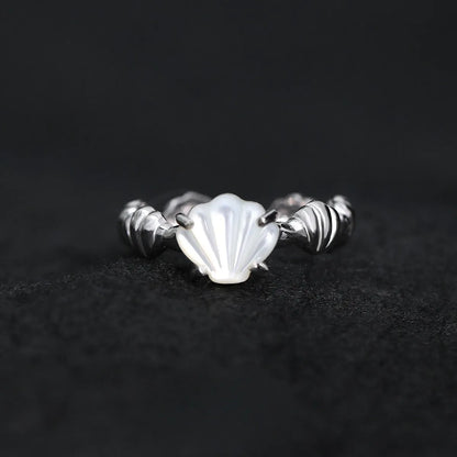 Adjustable silver women's ring with shell and tiger eye stone accents in electroplated 18K gold or white gold finish
