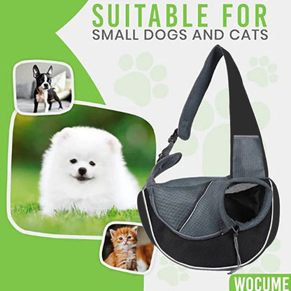 A stylish and secure crossbody bag designed to carry pets comfortably on the go, featuring adjustable drawstring closure and bottom zipper for easy access.