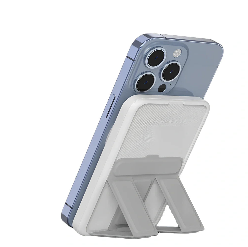 White Magsafe magnetic power bank showing magnetic charging side and USB ports