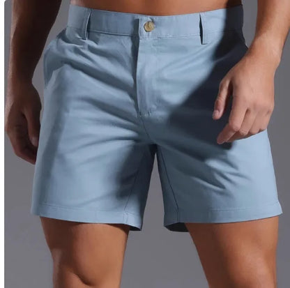 Men's solid colour cotton blend retro shorts in straight leg fit on a white background.