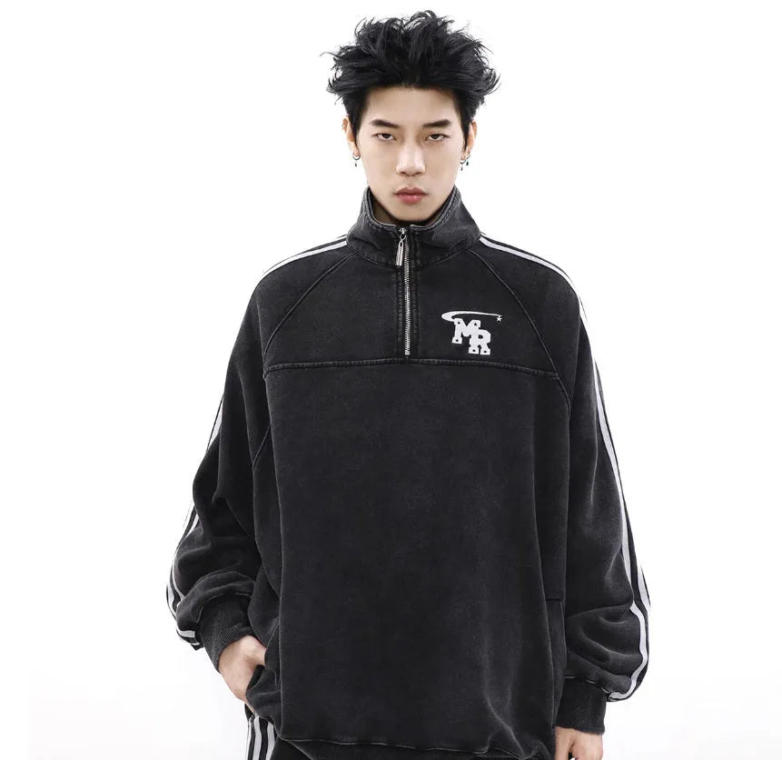 Black stand collar couple sweater with Hong Kong style design and polyester fibre construction
