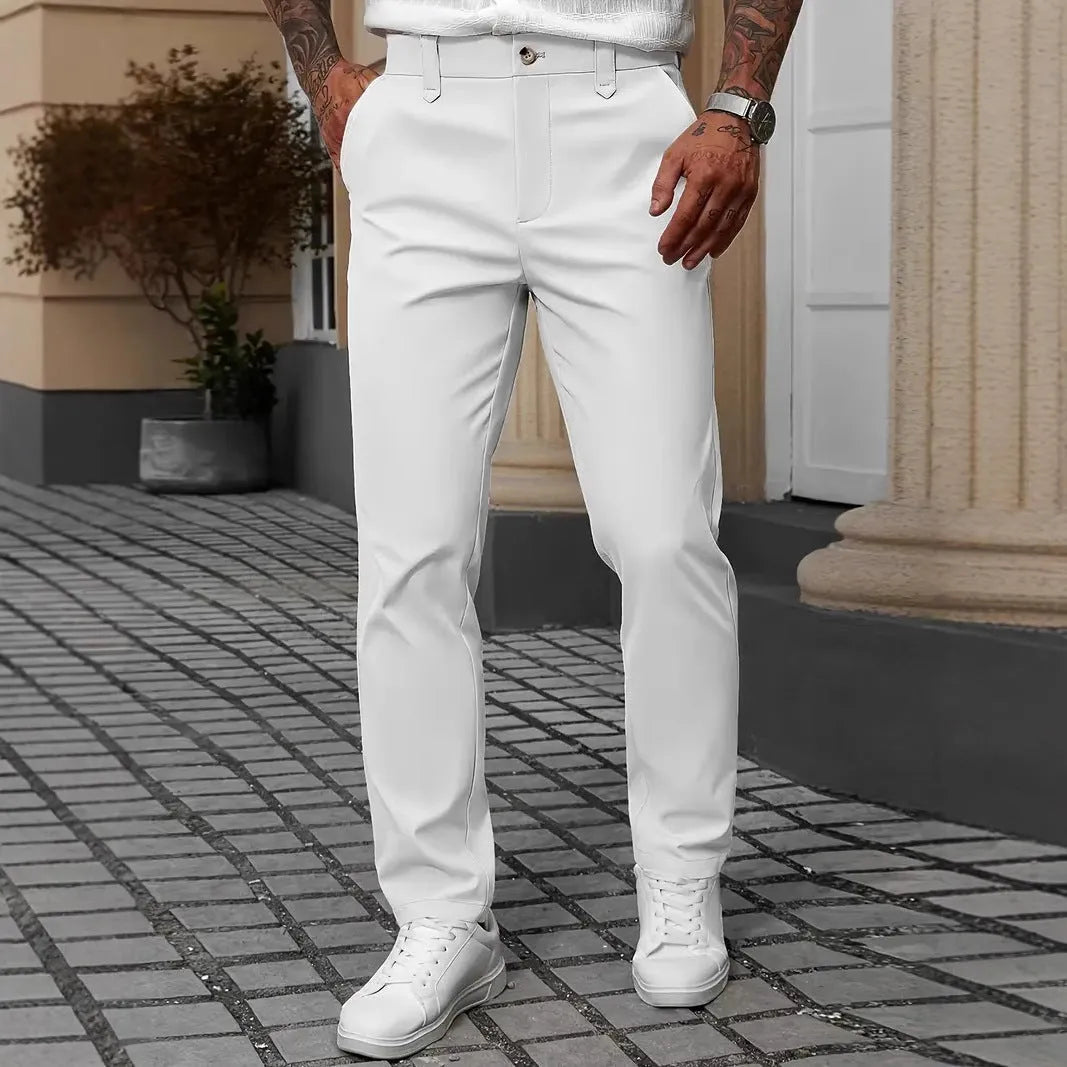Men's straight leg business trousers in four colours: black, apricot, grey, and white.