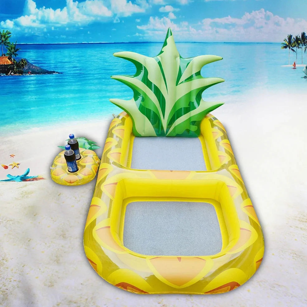 Yellow pineapple-shaped inflatable pool float with drink holder and ergonomic headrest design