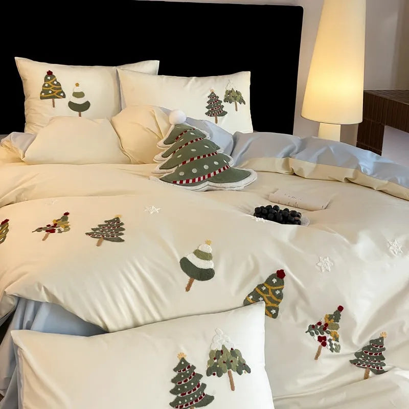 Christmas tree embroidered cotton bedding set with quilt cover, sheet, and pillowcases in cream blue or green green