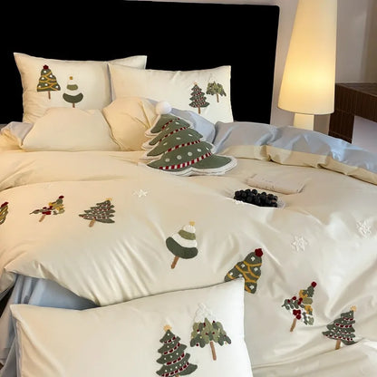 Christmas tree embroidered cotton bedding set with quilt cover, sheet, and pillowcases in cream blue or green green