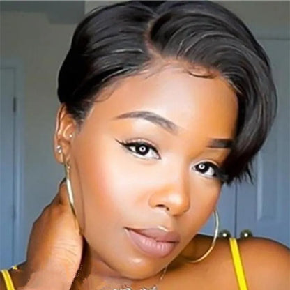 Black short bob lace frontal wig made from high temperature wire, shown as a heat-resistant synthetic hairpiece.