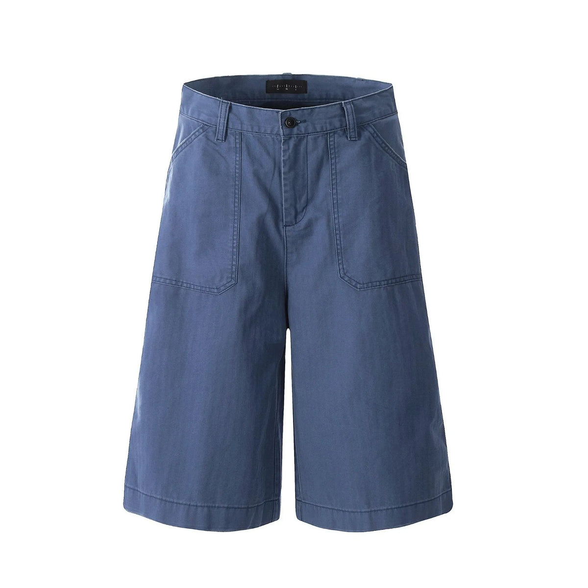 Men's French Blue cotton cropped shorts with straight-leg, loose fit, mid waist and zip fly, sizes S to XXL