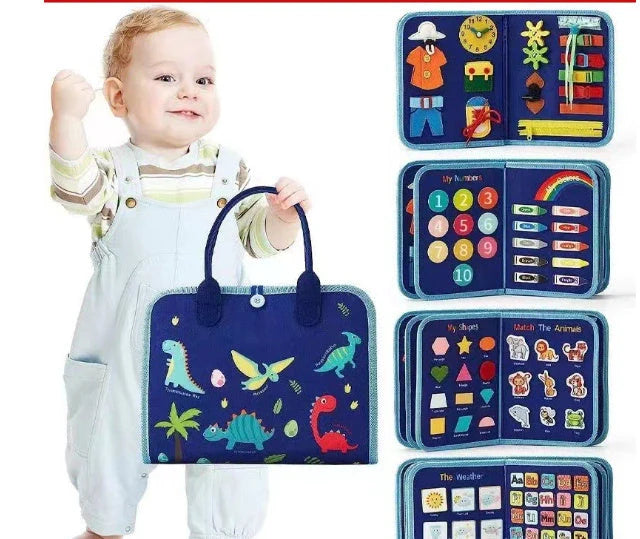 Children's busy board with dressing and buttoning features for early learning