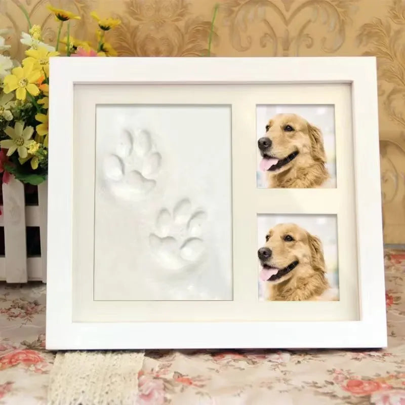 DIY pet paw print photo frame kit with moulding clay for dogs and cats, in black or white.