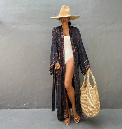 Printed cotton beach cover-up shirt in DN0712 series colours showing loose fit and 135cm length for sun protection