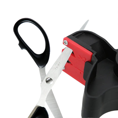 Black handheld knife and scissor sharpener tool with tungsten steel blade measuring 140mm
