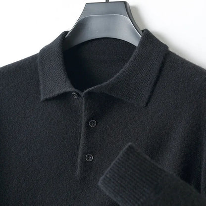 Men's wool sweater with a polo collar and long sleeves, shown in one of seven available colours.